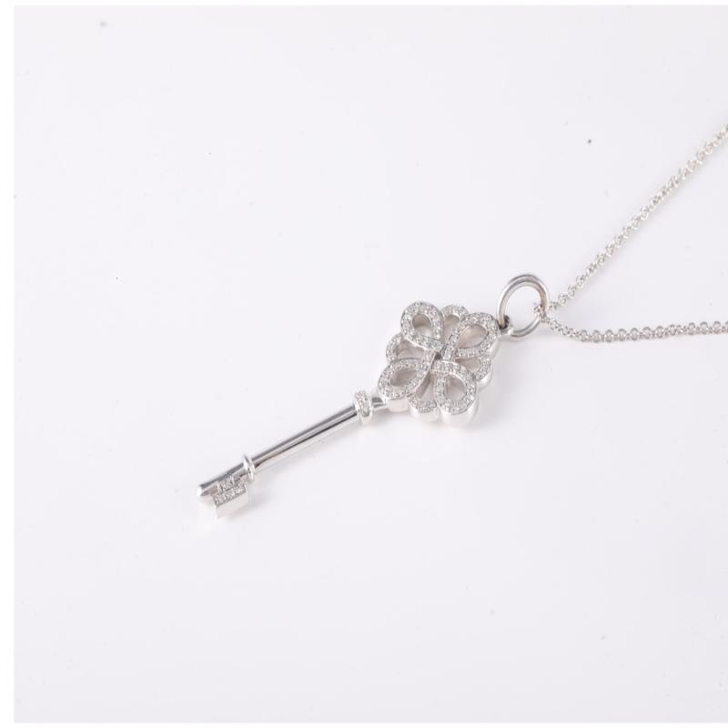 18K白金 鑽石 pt950 白金 中國結 半鑽 鑰匙項链 18K-0