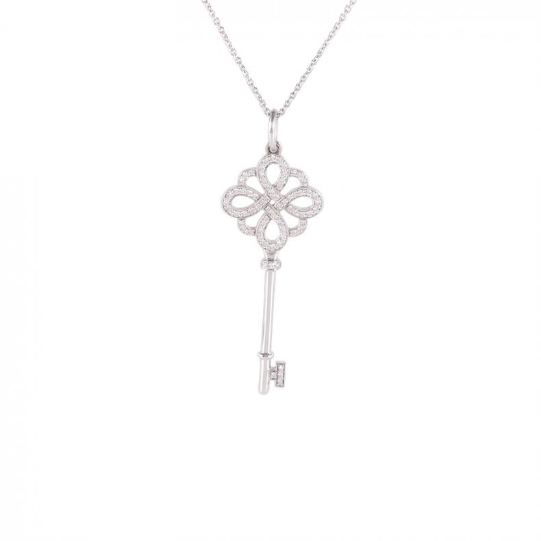 18K白金 鑽石 pt950 白金 中國結 半鑽 鑰匙項链 18K-4