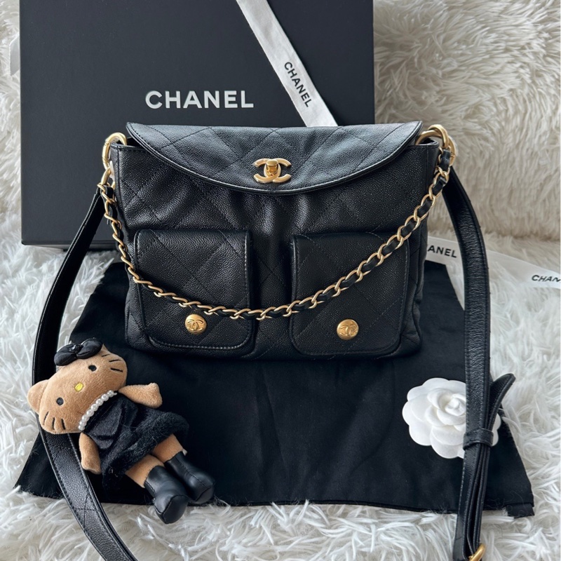 香奈兒 Chanel 25p hobo 郵差包 嬉皮包 hobo 黑金 荔枝牛皮 斜挎 單肩-0