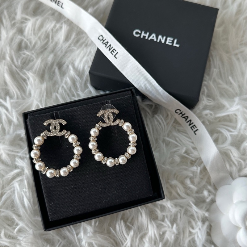 香奈兒 Chanel 圓形 雙C 裝飾水晶 白色 珍珠 耳環 耳釘 jennie同款-2