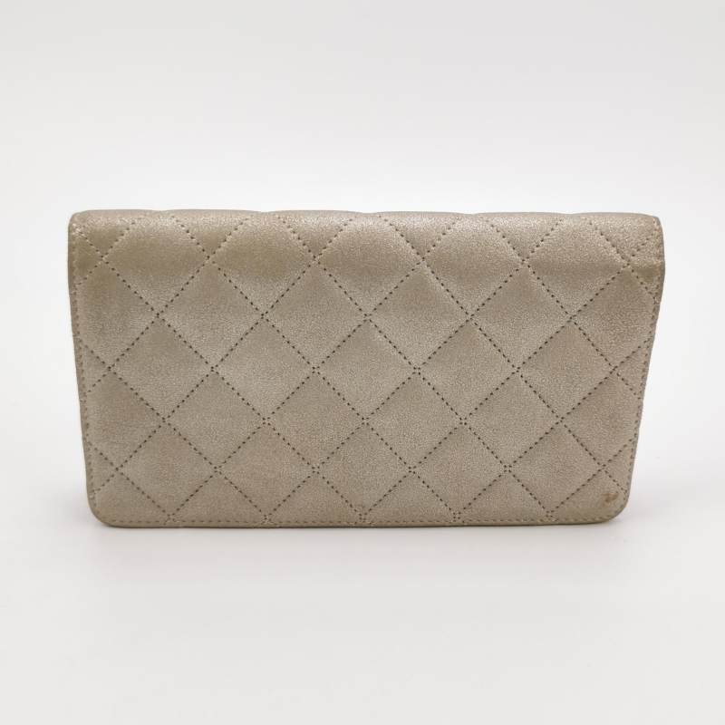 Chanel 磨砂皮 純色 菱格 絎縫 雙C 標識 錢包-3