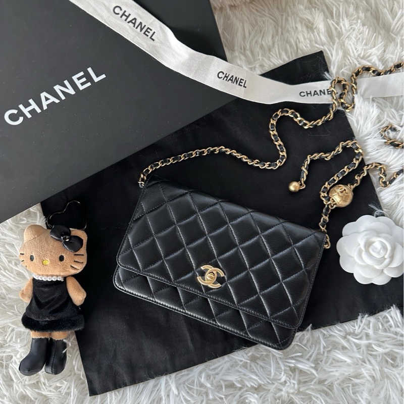 香奈兒 Chanel 24k woc 黑金 羊皮 金球 調節扣 單肩 斜挎-0