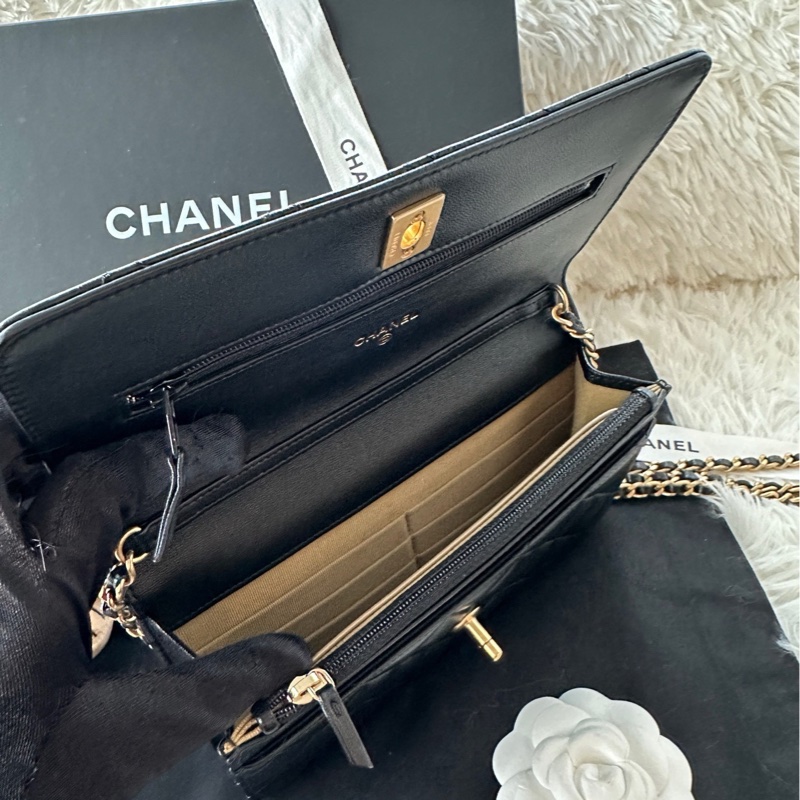香奈兒 Chanel 24k woc 黑金 羊皮 金球 調節扣 單肩 斜挎-4
