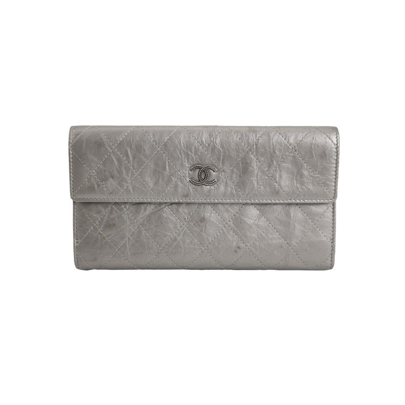 Chanel 油蠟皮 純色 菱格 絎縫 雙C Logo 錢包-0