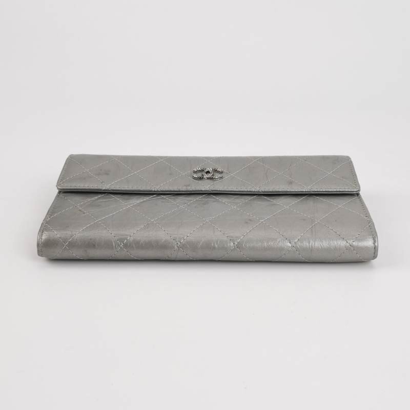 Chanel 油蠟皮 純色 菱格 絎縫 雙C Logo 錢包-4