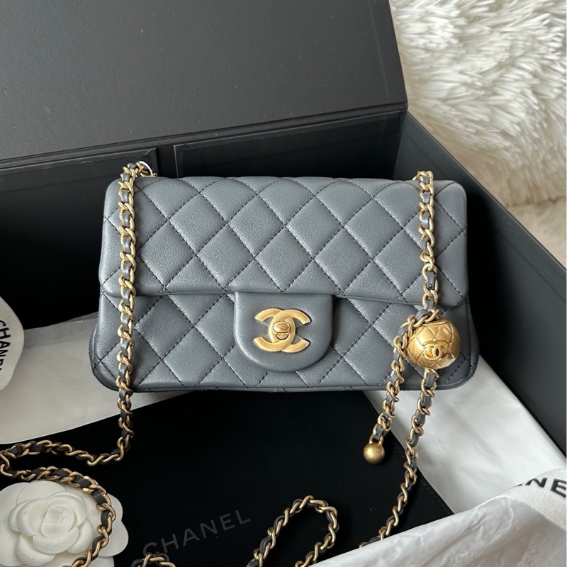 香奈兒 chanel 23k 金球 cf mini 羊皮 深灰色/大象灰-0
