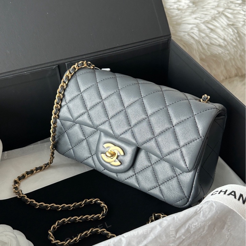 香奈兒 chanel 23k 金球 cf mini 羊皮 深灰色/大象灰-2