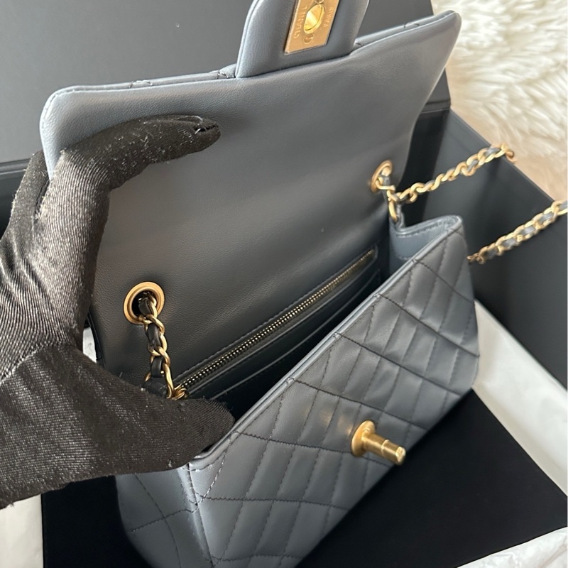 香奈兒 chanel 23k 金球 cf mini 羊皮 深灰色/大象灰-3