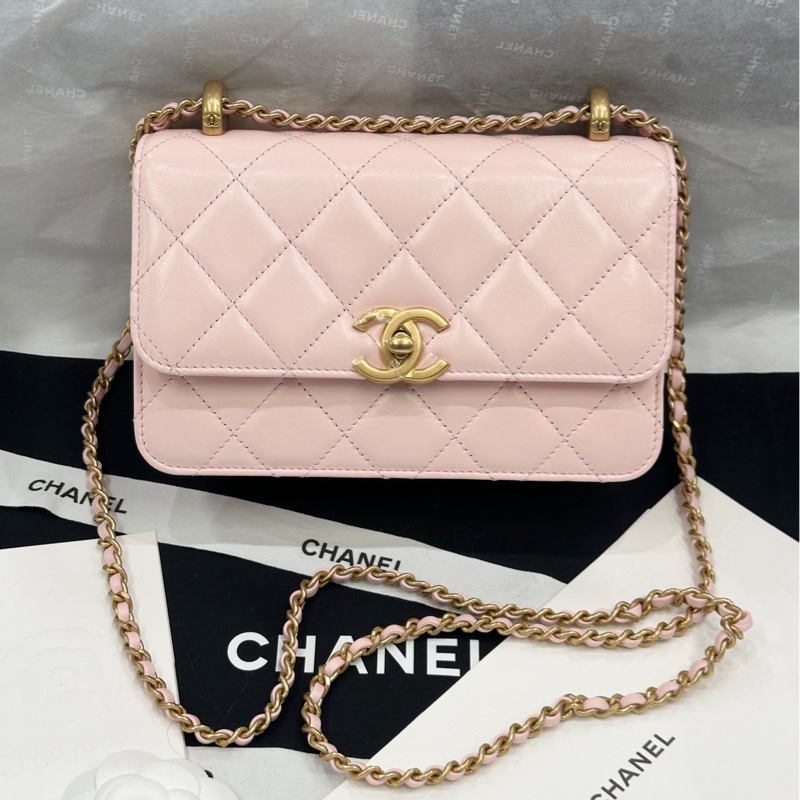 香奈兒 Chanel 25s cf mini 雙金球 雙金珠 芯片款 牛皮 淺粉色-0