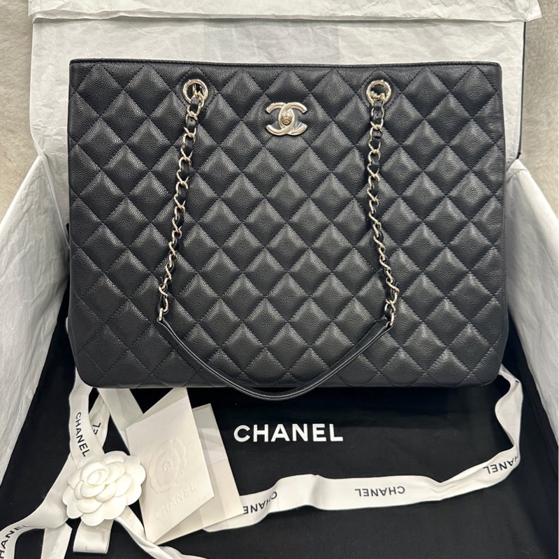 Chanel 23k gst 大托特 tote 購物袋 黑金 荔枝牛皮-0