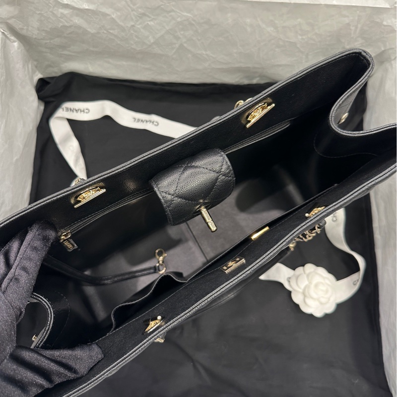 Chanel 23k gst 大托特 tote 購物袋 黑金 荔枝牛皮-5