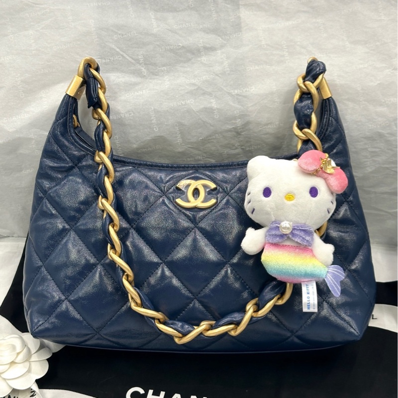 香奈兒 chanel 24a hobo 腋下包 中號 羊皮 金粗鏈 深藍色-5