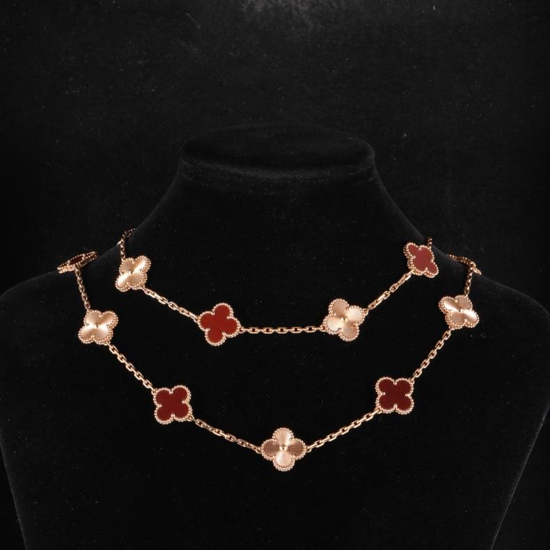 18K玫瑰金 紅玉髓 玫瑰金 VCA梵克雅寶 紅花鐳射 四葉草拼鐳射20花長項鍊 23年大全 18K-0