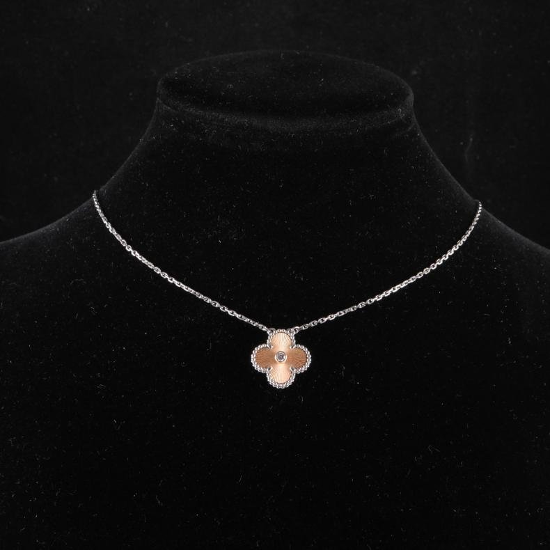 Vintage Alhambra 中號單花項鍊 2024年聖誕 單鑽 玫瑰金鐳射 18K白金/18K玫瑰金/鑽石 項链 18K白金-0