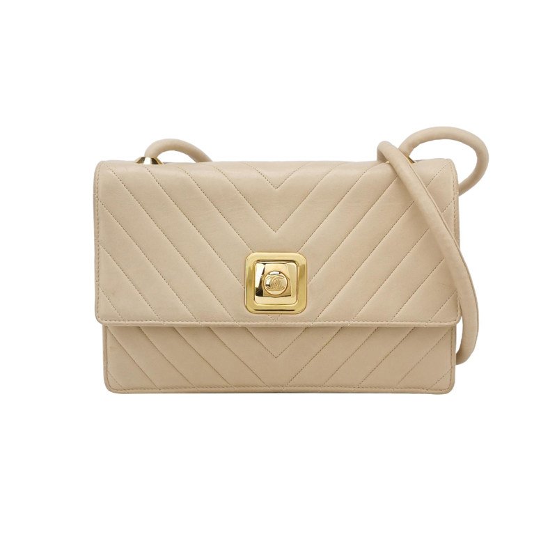 Chanel 羊皮 純色 V紋 絎縫 雙C扣 中古 斜背包 單肩包-0