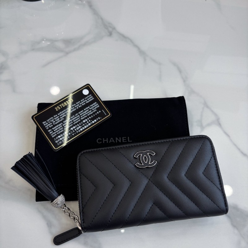 Chanel 黑銀牛皮拉鏈錢包 長夾 銀包 25開-0