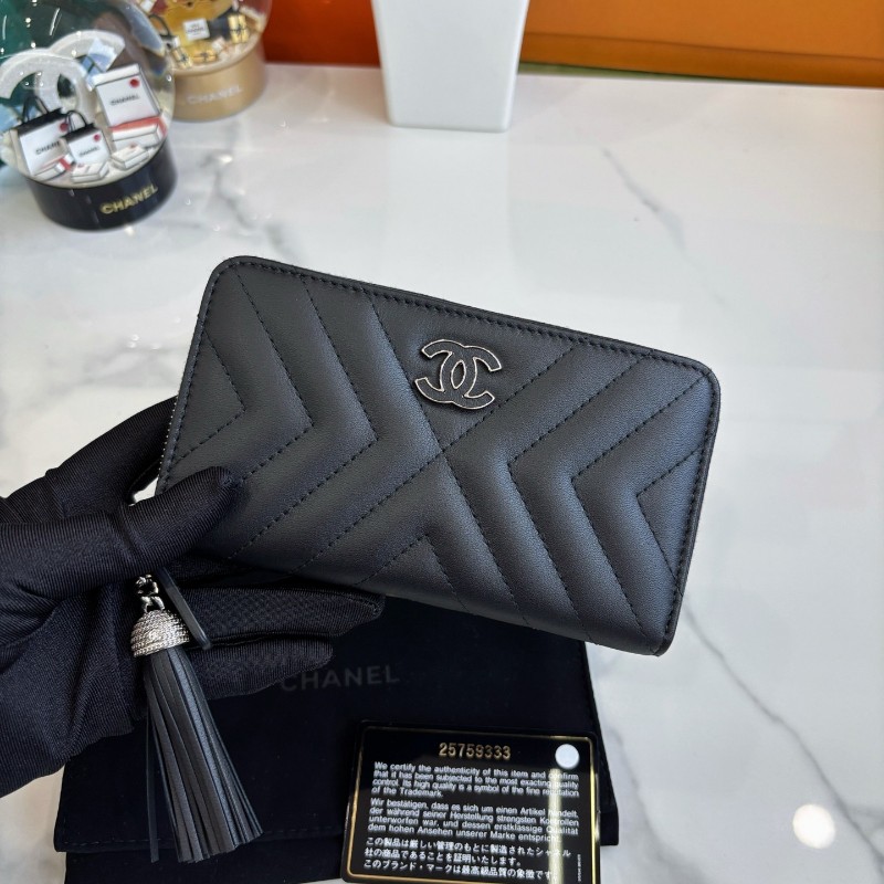 Chanel 黑銀牛皮拉鏈錢包 長夾 銀包 25開-1