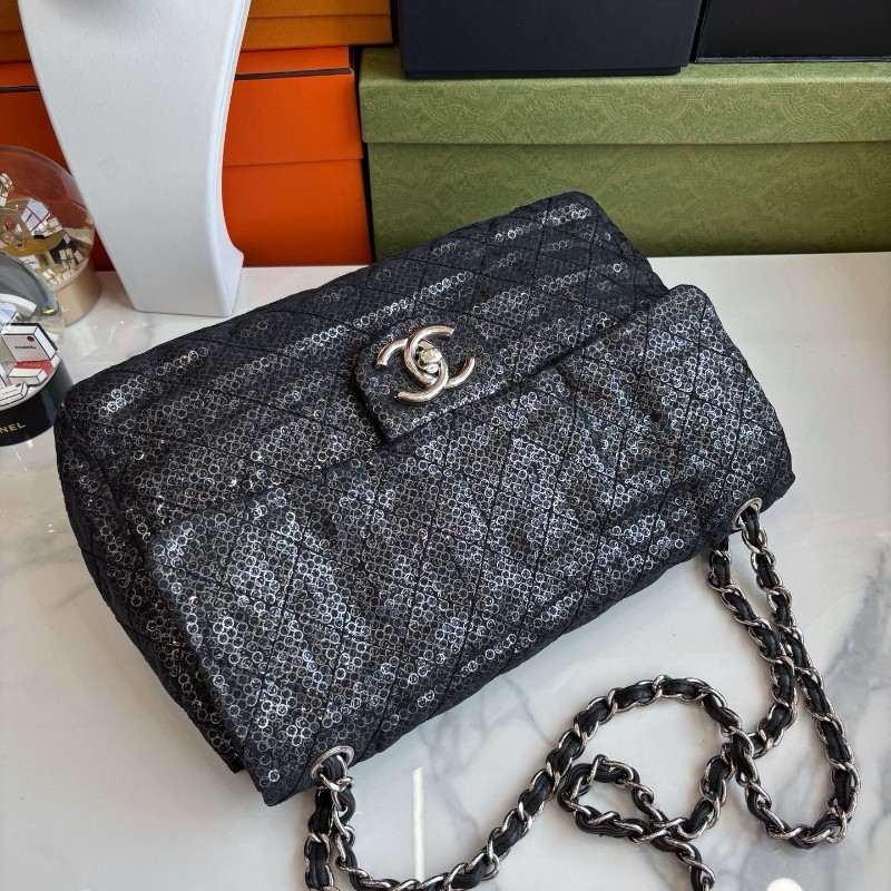 Chanel 黑銀網紗亮片jumbo cf鏈條包 肩背包 斜背包 12開-0