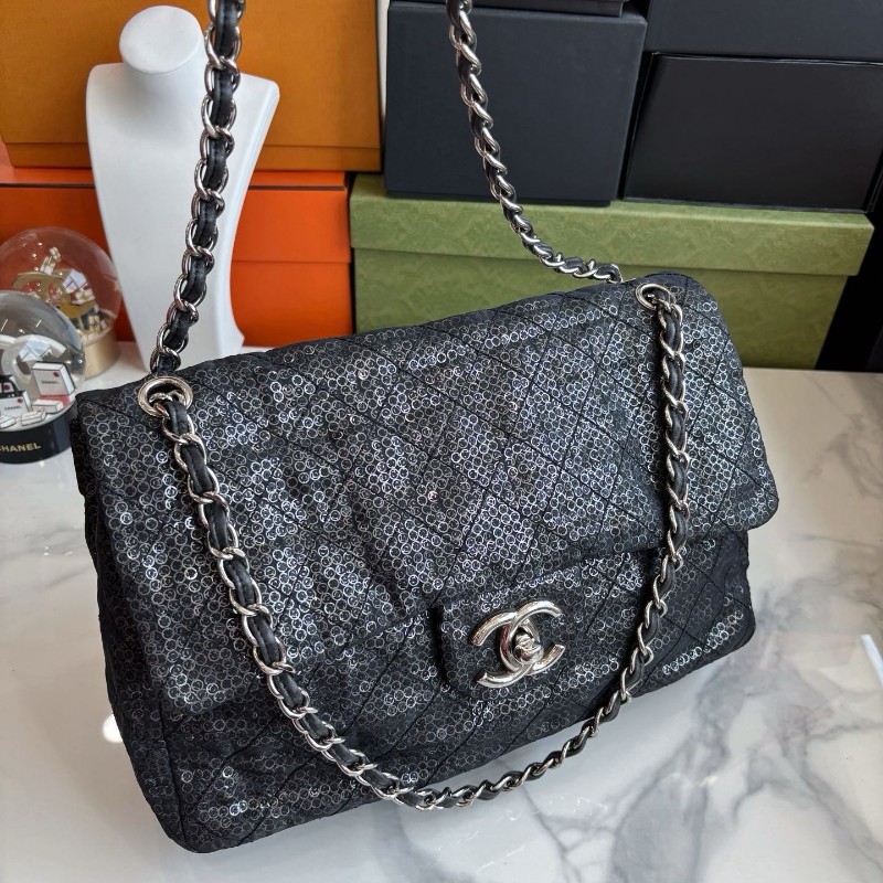 Chanel 黑銀網紗亮片jumbo cf鏈條包 肩背包 斜背包 12開-1