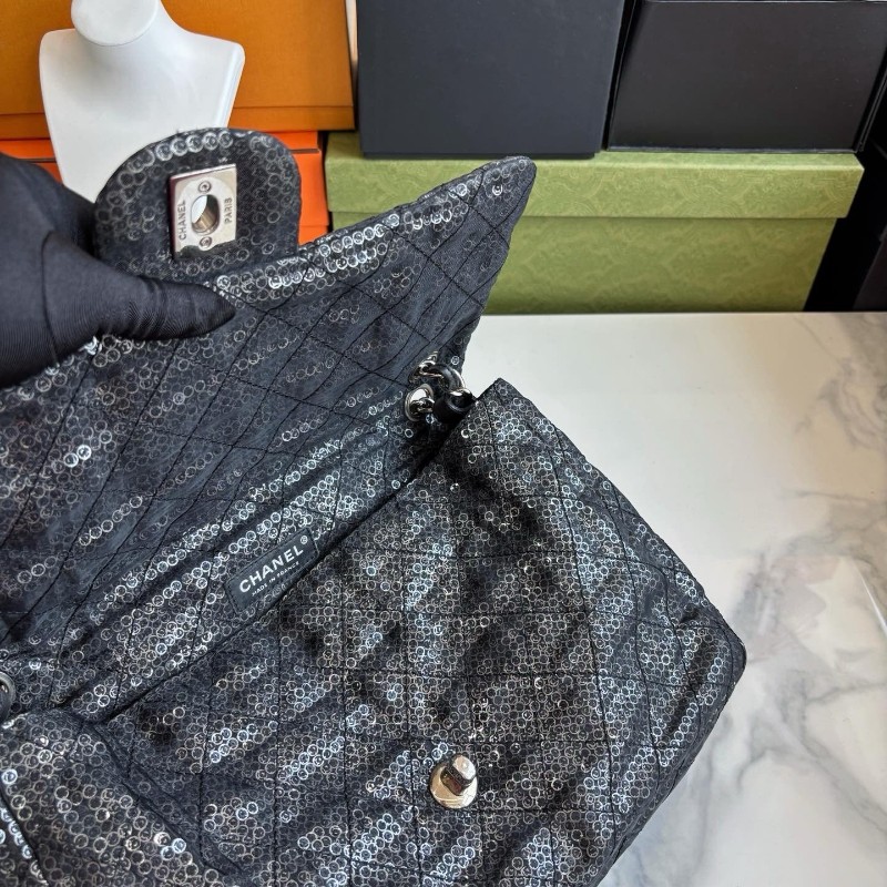 Chanel 黑銀網紗亮片jumbo cf鏈條包 肩背包 斜背包 12開-7