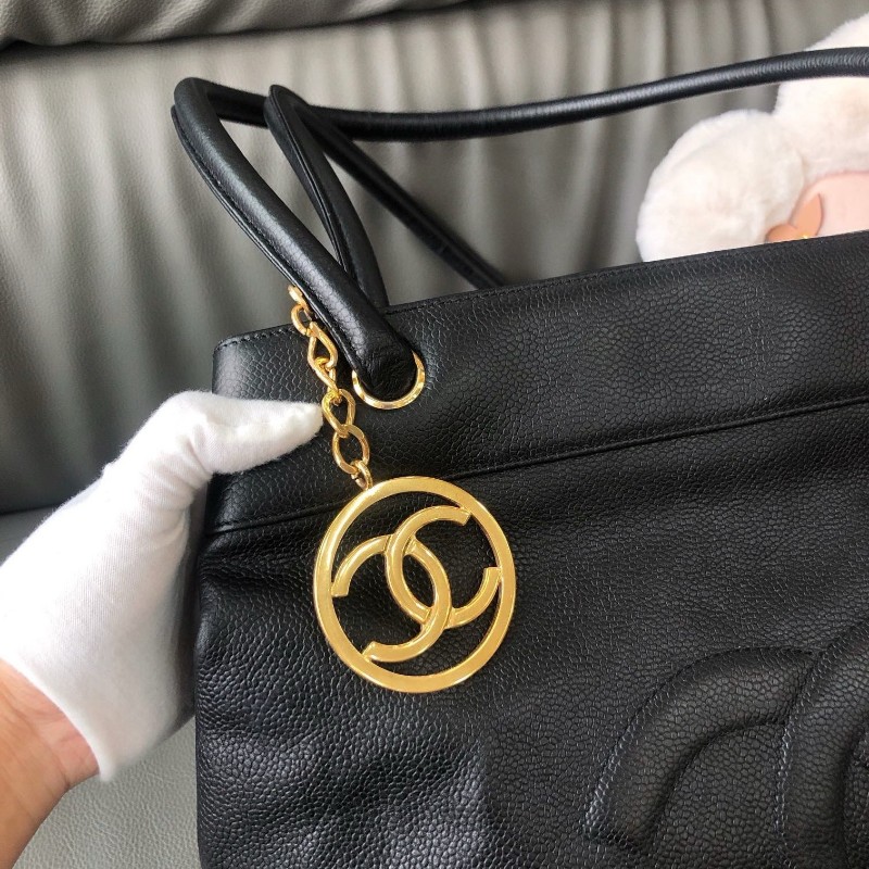 Chanel Vintage黑金魚子醬大logo 肩背包 1開-5