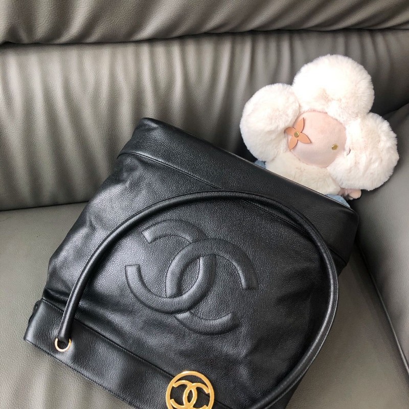 Chanel Vintage黑金魚子醬大logo 肩背包 1開-7