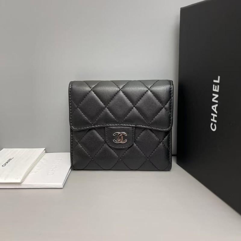 Chanel香奈兒 cf黑銀全皮菱格三折錢包 銀包-0