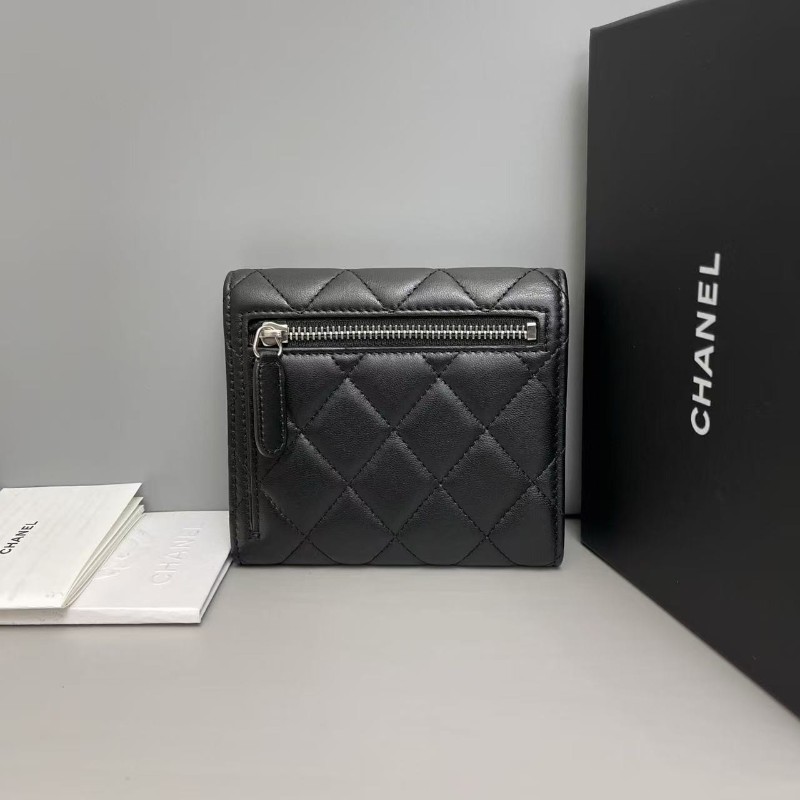 Chanel香奈兒 cf黑銀全皮菱格三折錢包 銀包-1