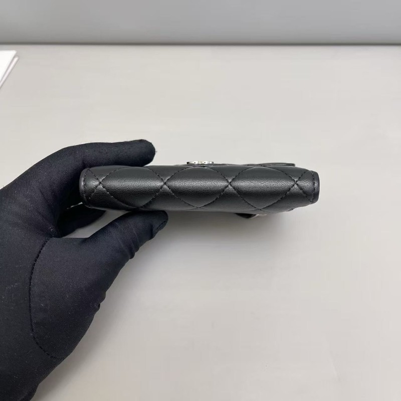Chanel香奈兒 cf黑銀全皮菱格三折錢包 銀包-4