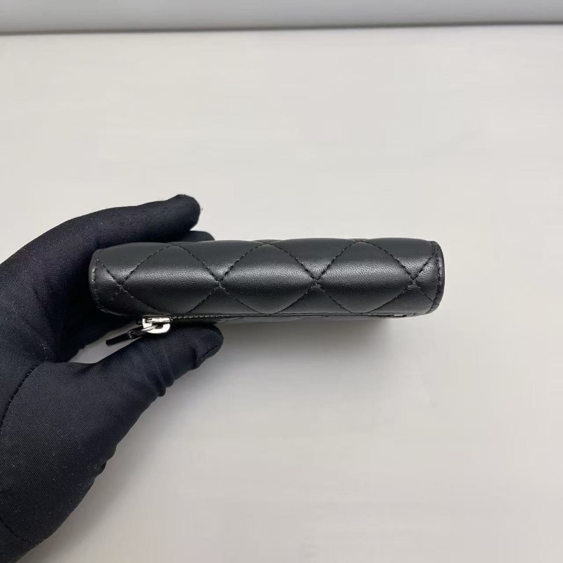 Chanel香奈兒 cf黑銀全皮菱格三折錢包 銀包-5