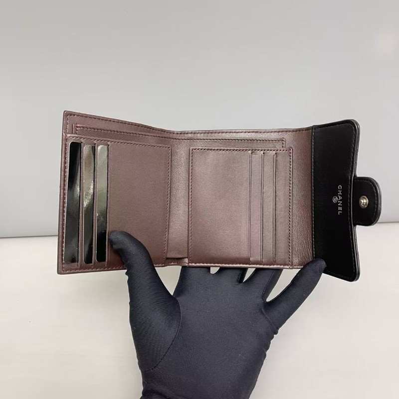 Chanel香奈兒 cf黑銀全皮菱格三折錢包 銀包-6