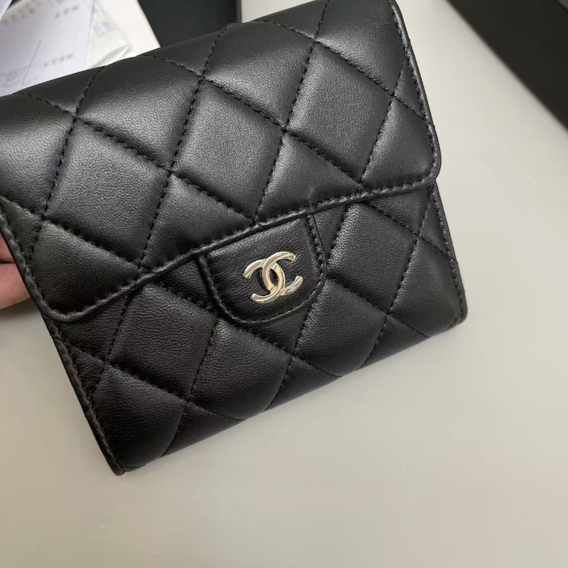 Chanel香奈兒 cf黑銀全皮菱格三折錢包 銀包-8