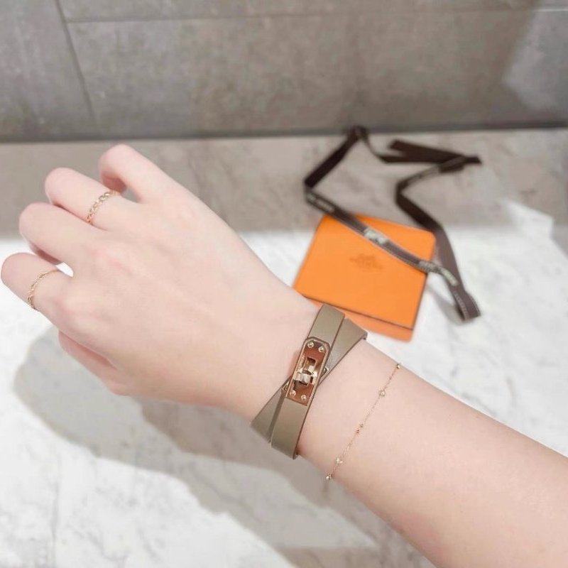 hermes 大象灰玫瑰金扣mini kelly雙圈手鐲T2 全新配件塵袋盒子-0