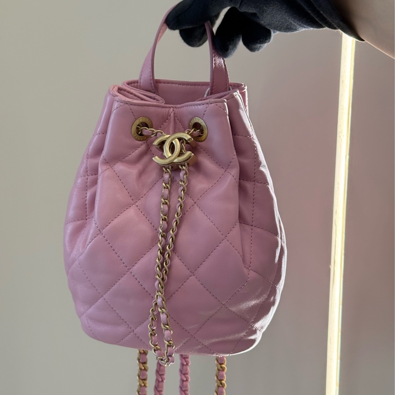 CHANEL 粉色抽繩雙肩包後背包 芯片款-9