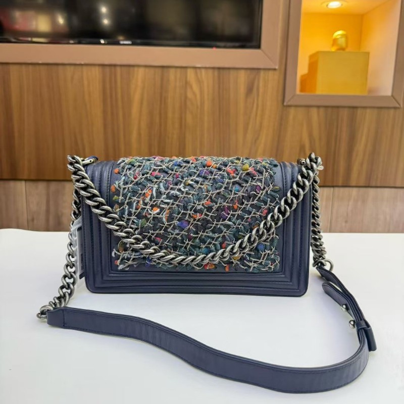 香奈兒Chanel💙限量款中號Leboy牛皮 銀絲編織彩呢鏈條包 肩背包 20開-2