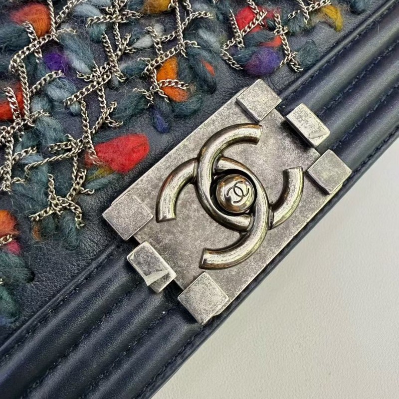 香奈兒Chanel💙限量款中號Leboy牛皮 銀絲編織彩呢鏈條包 肩背包 20開-4