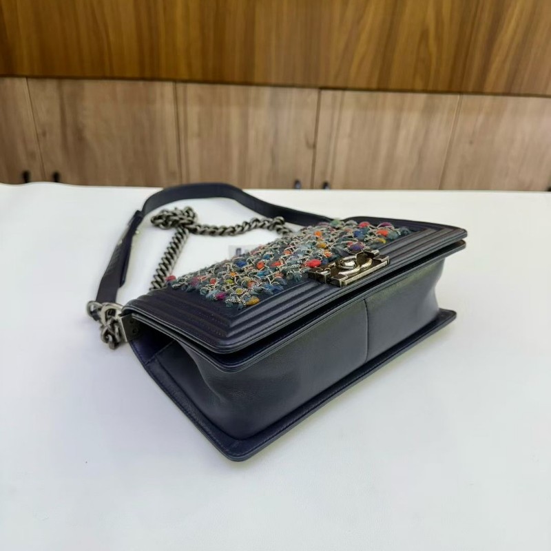 香奈兒Chanel💙限量款中號Leboy牛皮 銀絲編織彩呢鏈條包 肩背包 20開-7