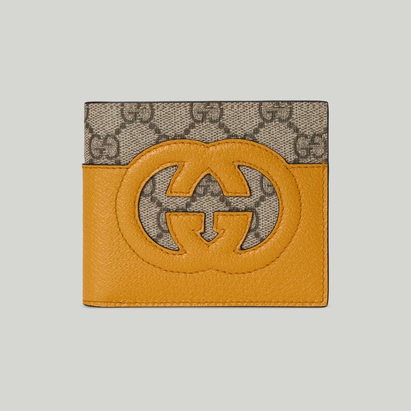 GUCCI/古馳飾鏤空互扣式雙G皮夾金黃色皮革和Supreme帆布-0