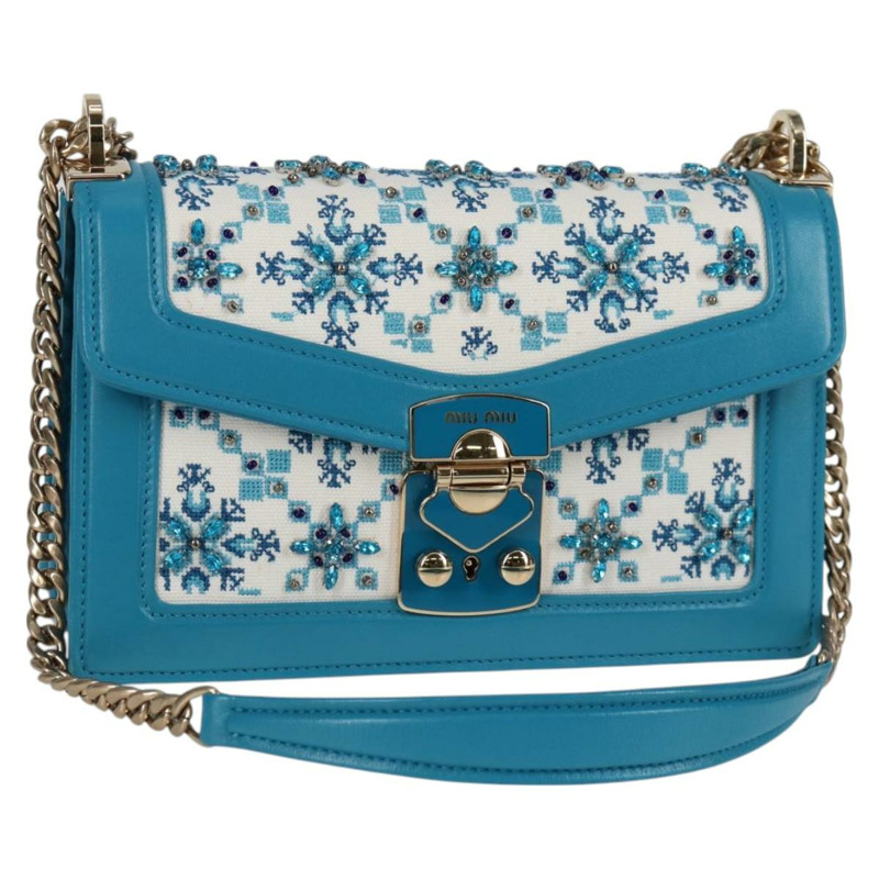 【日本直送】Miu Miu 鏈條單肩包 帆布皮革 藍色 金色 5BD083 正品 115233SM-0