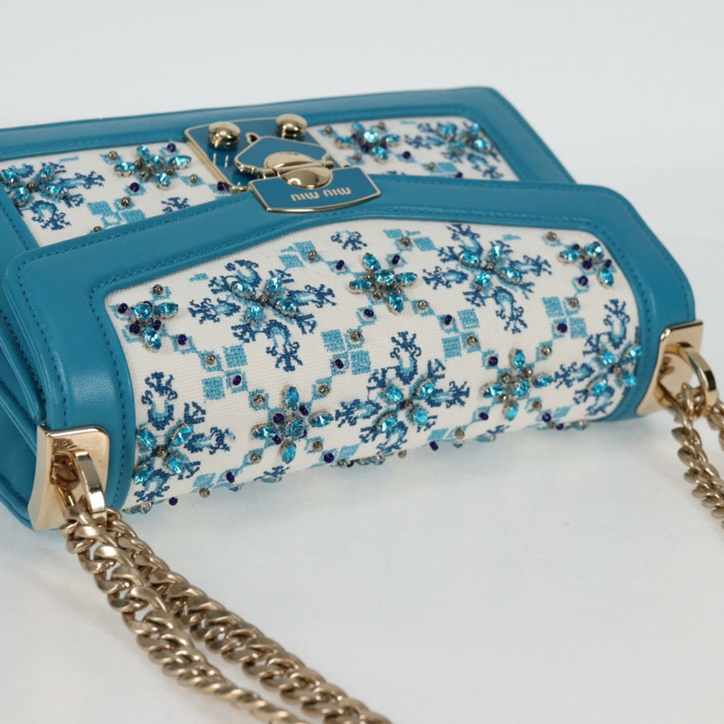 【日本直送】Miu Miu 鏈條單肩包 帆布皮革 藍色 金色 5BD083 正品 115233SM-5