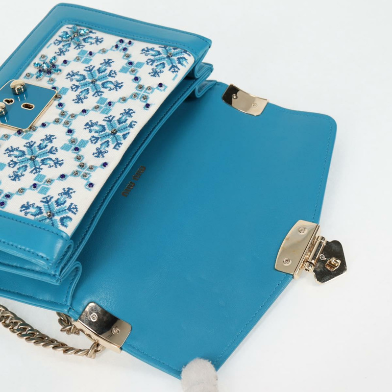 【日本直送】Miu Miu 鏈條單肩包 帆布皮革 藍色 金色 5BD083 正品 115233SM-8