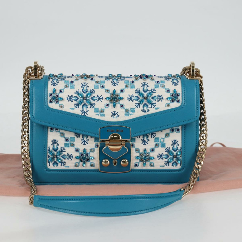 【日本直送】Miu Miu 鏈條單肩包 帆布皮革 藍色 金色 5BD083 正品 115233SM-11