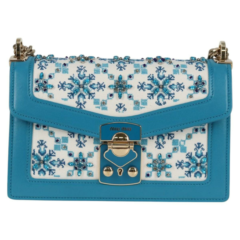 【日本直送】Miu Miu 鏈條單肩包 帆布皮革 藍色 金色 5BD083 正品 115233SM-12