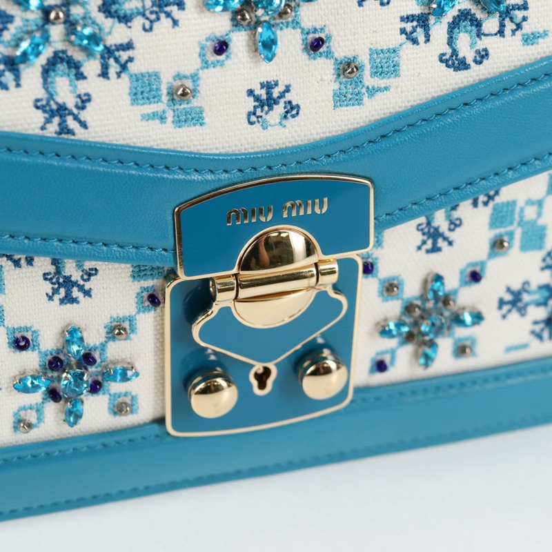 【日本直送】Miu Miu 鏈條單肩包 帆布皮革 藍色 金色 5BD083 正品 115233SM-17