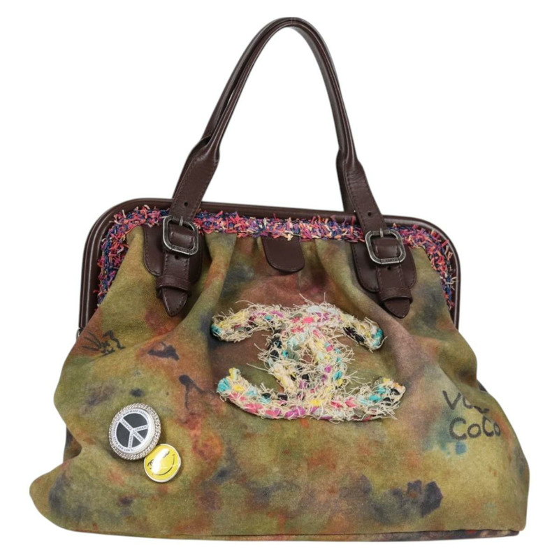 【日本直送】香奈兒刺繡塗鴉手袋 帆布皮革 卡其色 CC 標誌 正品 127134SM-0