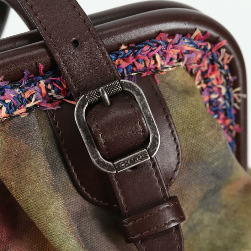 【日本直送】香奈兒刺繡塗鴉手袋 帆布皮革 卡其色 CC 標誌 正品 127134SM-8