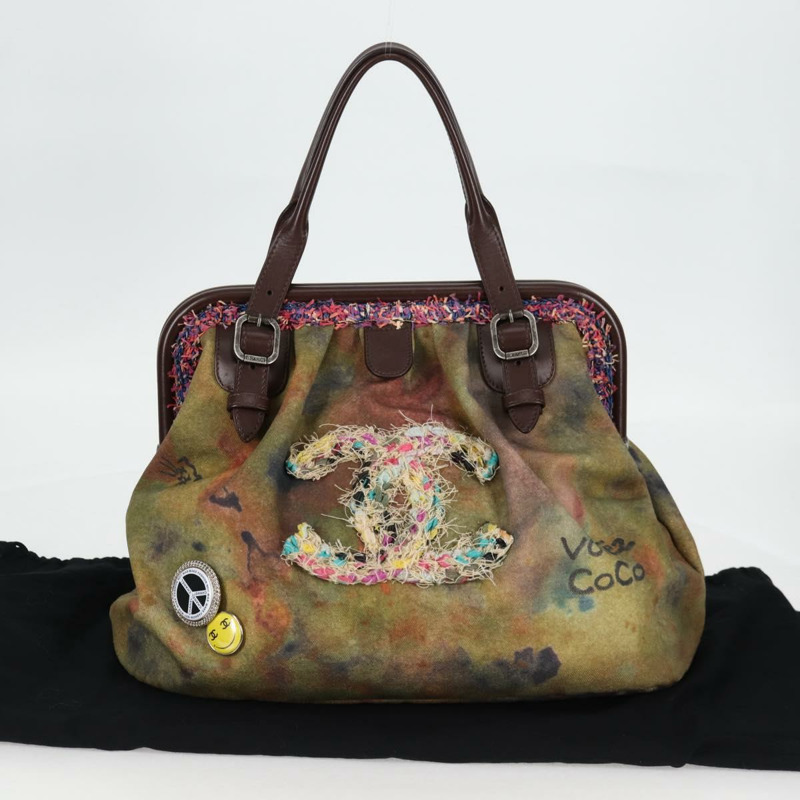 【日本直送】香奈兒刺繡塗鴉手袋 帆布皮革 卡其色 CC 標誌 正品 127134SM-11