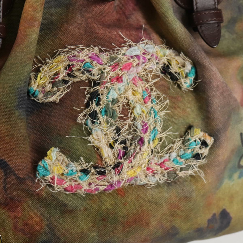 【日本直送】香奈兒刺繡塗鴉手袋 帆布皮革 卡其色 CC 標誌 正品 127134SM-18