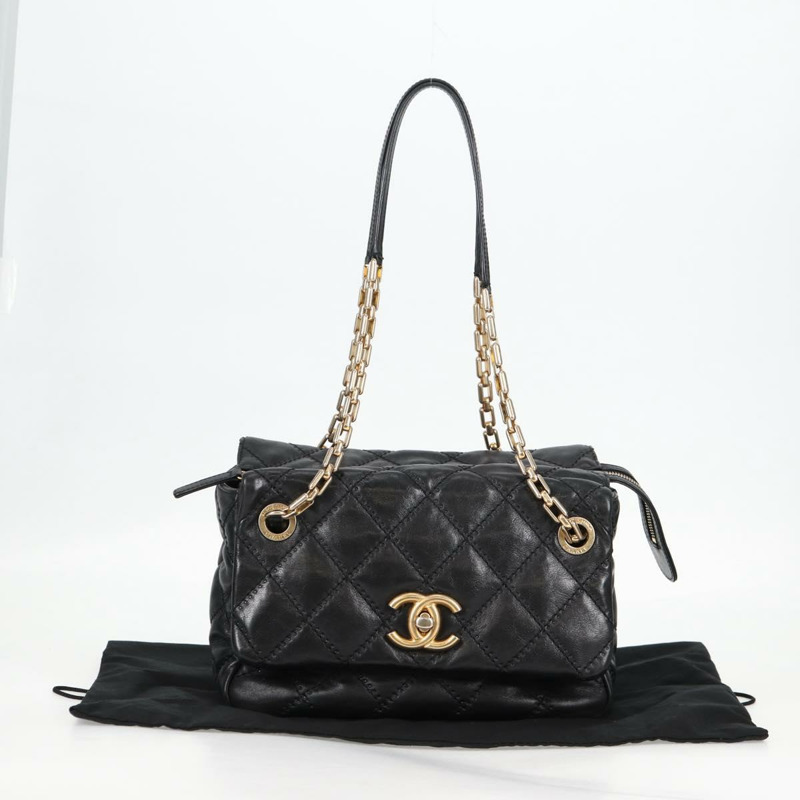 【日本直送】香奈兒 Matelasse 鏈條單肩包 小羊皮 黑金 CC 正品 127921M-11