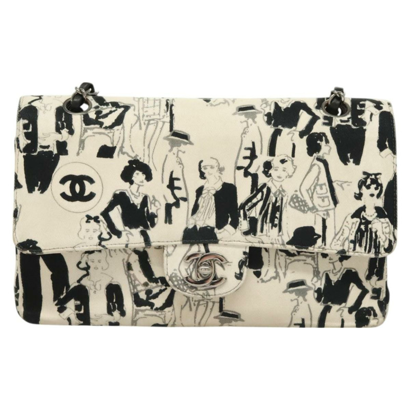 【日本直送】香奈兒 Matelasse 25 雙蓋鏈條包 帆布 白色 銀色 CC 標誌 Auth 126243SV-12